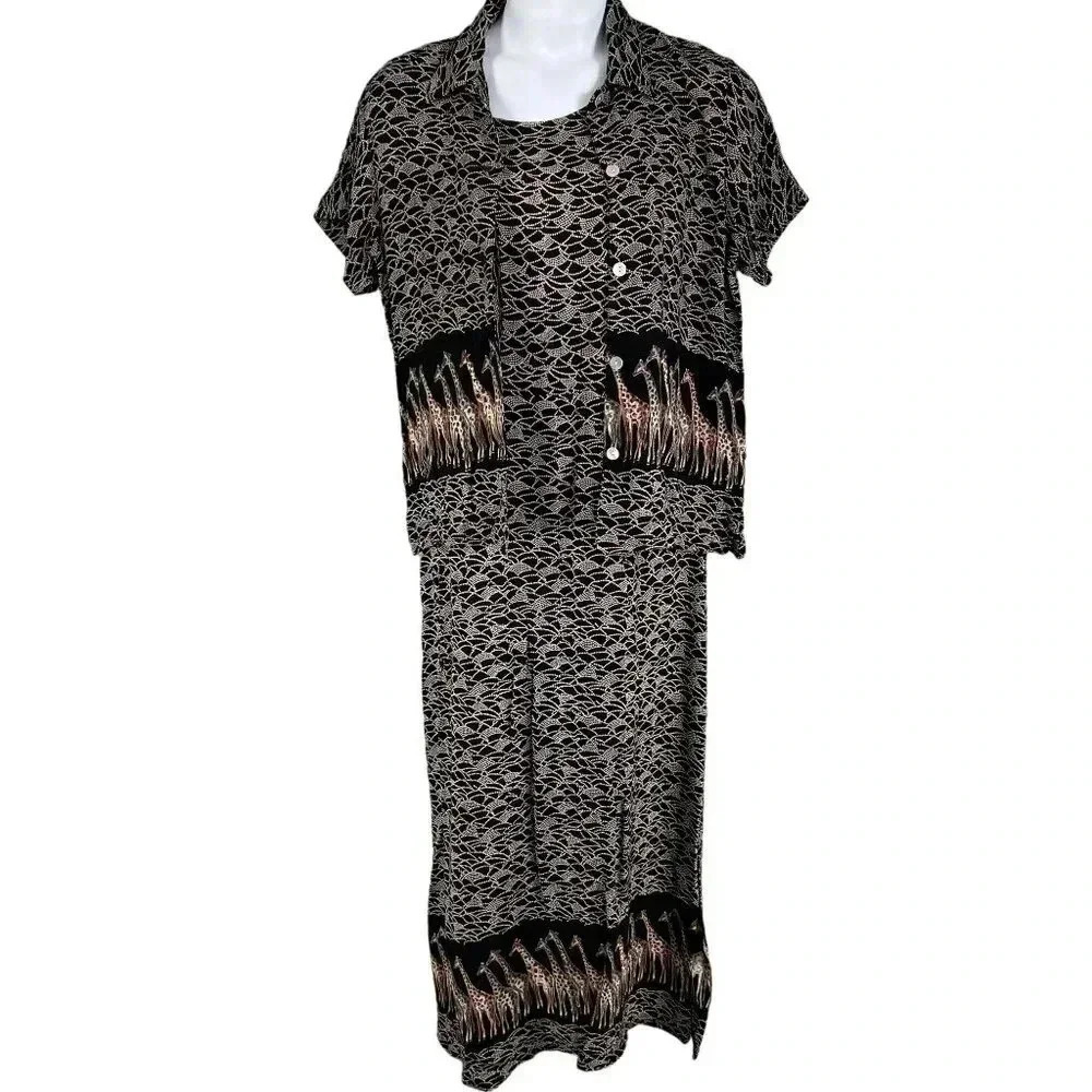 VTG Stonebridge Set Maxi Dress L Blazer Top XL Black Giraffe Tribal Animal Print